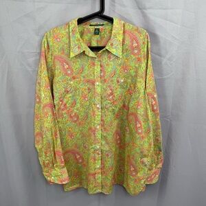 Lauren Ralph Lauren Size 2X Paisley Long Sleeve 100% Cotton Button Up Shirt